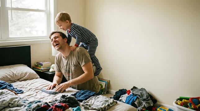 Father child laundry bedroom casual playful messy morning light window family home parent toddler boy clothing bed happiness smiling bonding