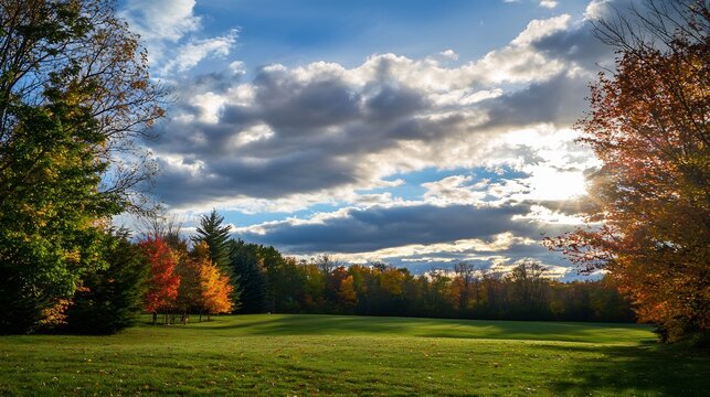Vibrant autumn scene with colorful leaves swirling in a crisp breeze under a partly cloudy sky Sunlight breaks through casting a warm glow capturing the beauty of a breezy fall afternoon