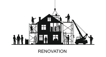 Obraz premium Silhouette of construction workers renovating a house, building renovation concept