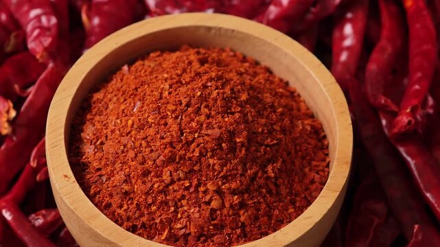 Chili powder in a wooden bowl.	