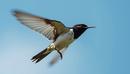 Obraz premium A sleek black and white bird with wings slightly blurred in motion flies energetically against a clear, azure blue sky.