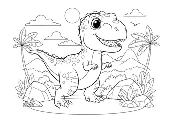 Cute cartoon trex dinosaur in prehistoric landscape with palm trees, mountains, and clouds, coloring page for kids © Hikari Vector Studio