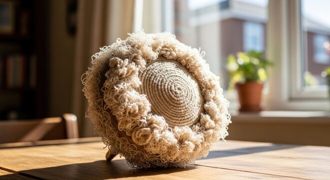 Close up of fluffy sheep wool on a wooden table near a sunny window