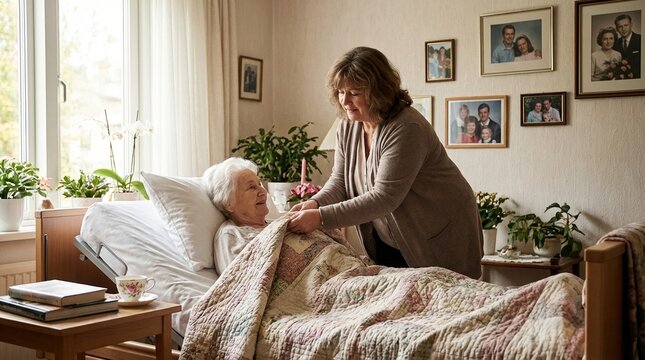 Elderly woman caregiver blanket bedroom care family senior home compassion support nursing patient bed quilt female indoor illness comfort help
