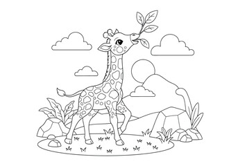 Cute cartoon giraffe eating leaves in the savanna, coloring page for kids, vector illustration © Hikari Vector Studio