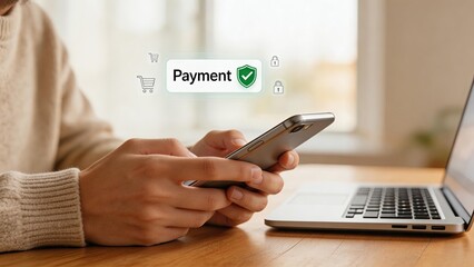 Fototapeta premium Secure online payment concept with smartphone and laptop digital transaction ecommerce shopping fintech security mobile banking wireless transfer modern finance technology