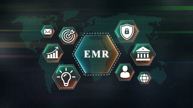 EMR concept with global network and icons electronic medical record