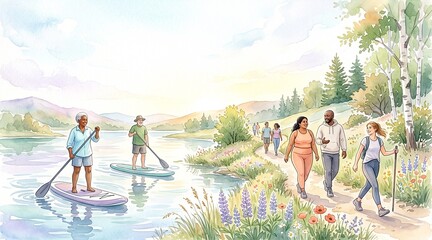 Group of diverse people walking and paddleboarding by serene lake 