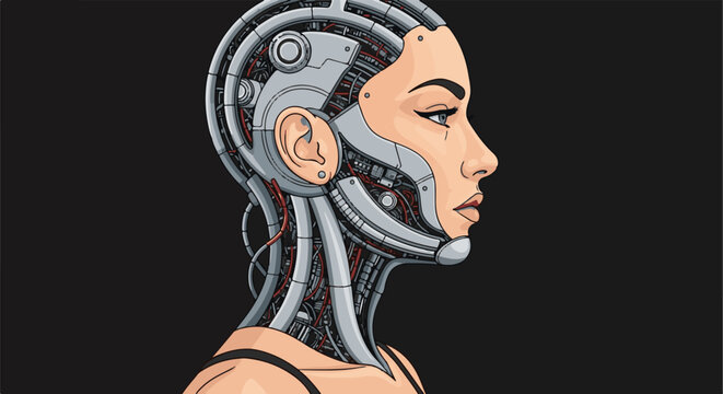Pixel art of a female cyborg head, profile view, with intricate mechanical components