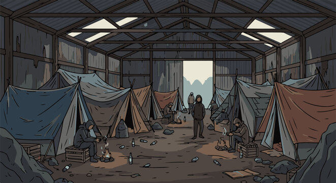 Tents erected inside a derelict metal structure with figures around campfires