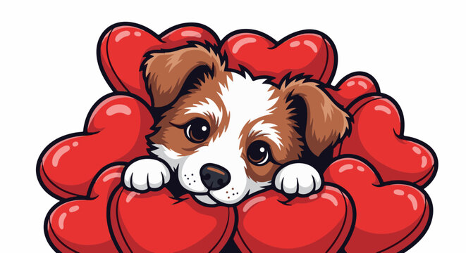 Adorable brown and white puppy peeking out from behind red heart shapes