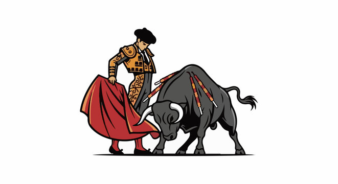 A matador in ornate attire confronts a charging bull with darts in its back