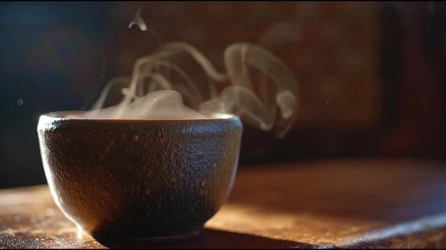 Steaming hot beverage in a rustic ceramic bowl, evoking warmth and comfort on a wooden surface, perfect for a cozy moment