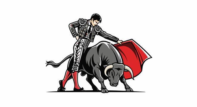 A matador confronts a charging bull, red cape held out
