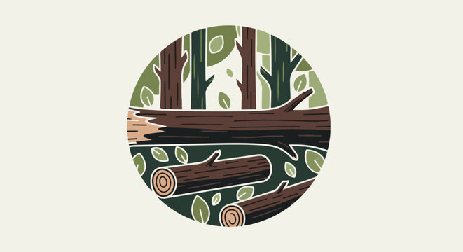Stylized forest scene within a circle shows felled logs and standing trees