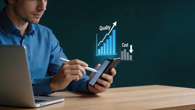 Businessman using smartphone with stylus analyzing quality increase and cost decrease charts on digital screen office workspace with laptop financial growth concept corporate