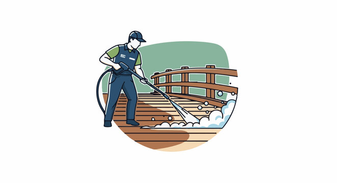 Person pressure washing wooden deck and railing outdoors, creating foam and spray