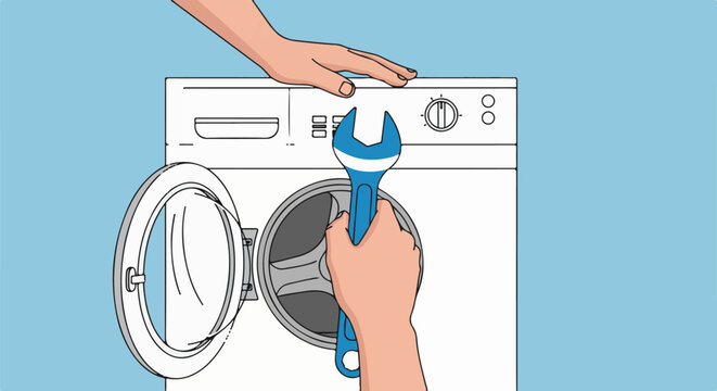 Hands fixing a washing machine with a wrench