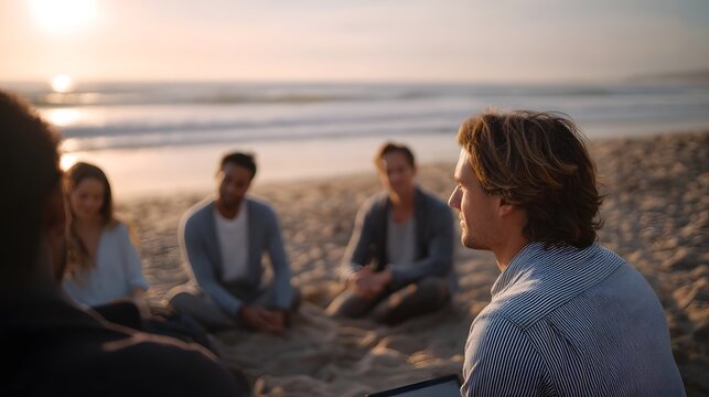 A diverse team in a collaborative discussion on a serene beach during a warm golden hour sunset