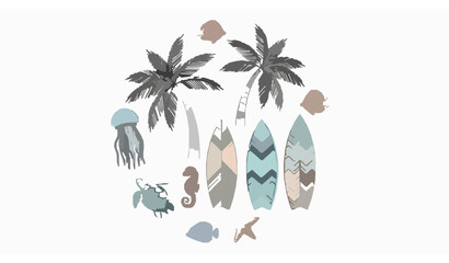 Summer beach line art collection with palm leaves surfboards and ocean animals vector set © Chiron