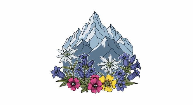 Majestic snow-capped mountains rise behind a vibrant bouquet of alpine wildflowers