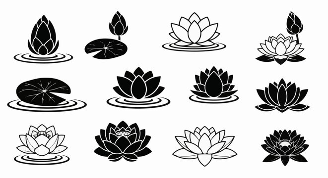 Collection of stylized water lily icons, some filled, some outlined, on water
