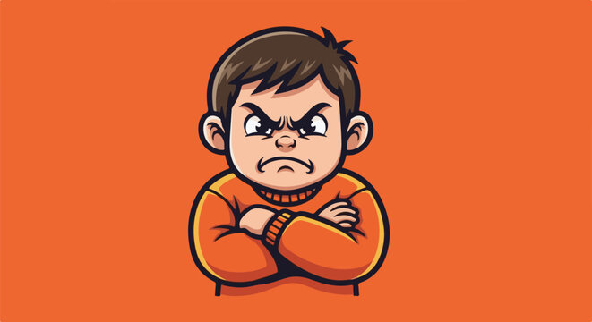 Cartoon boy with crossed arms and an angry expression on an orange background