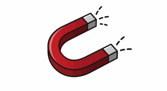 A red horseshoe magnet with gray tips and dashed lines indicating magnetic force