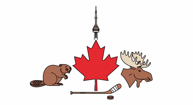 Cartoon Canadian symbols beaver, maple leaf, moose, CN Tower, hockey stick, and puck