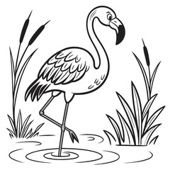 Fototapeta premium Cute cartoon flamingo standing in water with tall reeds and grass, an adorable outline drawing for children's coloring books and animal themes