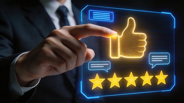 Businessman interacting with futuristic holographic interface displaying glowing thumbs up icon five star rating and chat bubbles symbolizing positive feedback customer