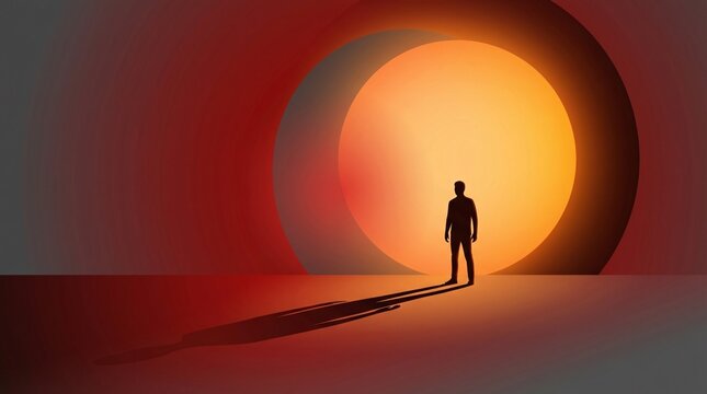 Silhouette of a person standing in front of a large orange circle with a long shadow on a red background looking hopeful and contemplative