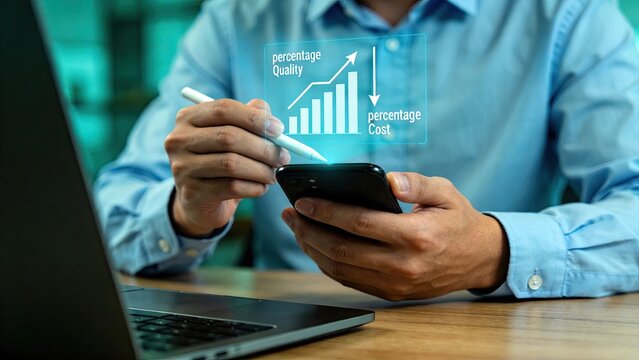 Businessman using smartphone with holographic chart showing quality increase and cost decrease for financial analysis and digital strategy planning in modern office workspace