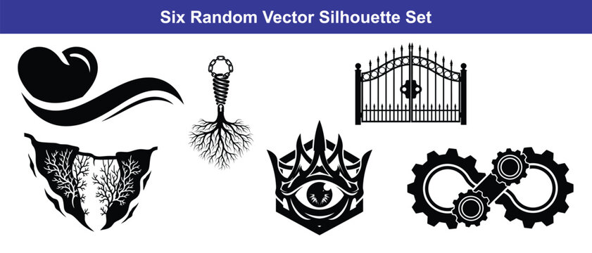 A set of six random vector silhouettes featuring a wave, a tool, a gate, a face, an eye, and gears showcasing abstract and industrial designs.