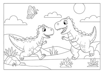 Cute cartoon dinosaurs playing in the prehistoric landscape, coloring book page for kids, vector illustration © Hikari Vector Studio