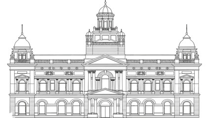 Obraz premium Intricate architectural line art illustration of a historic government building or museum facade featuring classical domes and ornate windows for travel and history concepts.