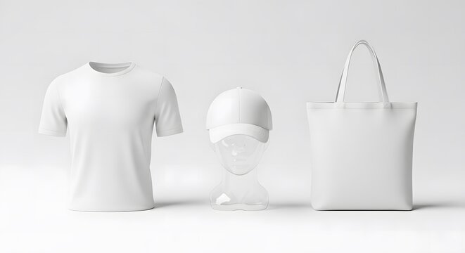 White apparel mockup collection blank t-shirt, baseball cap, and reusable tote bag, isolated for custom branding and product design presentation