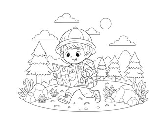 Cute little boy explorer hiking in the forest with a map, cartoon character, black and white coloring page for kids, line art illustration