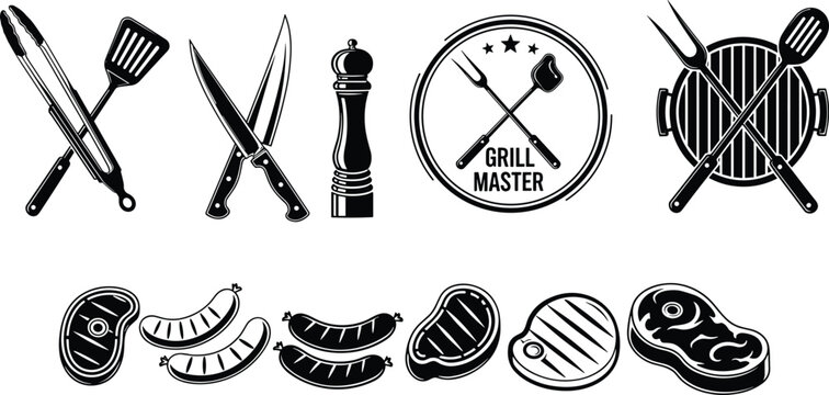 Large collection of BBQ grill master vector icons featuring meat steaks sausages tongs knives and spatula silhouettes for barbecue restaurant menu and summer cookout designs