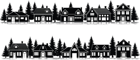 Naklejka premium Suburban neighborhood house silhouettes with pine trees forest background and reflections for real estate development community living and residential village vector illustrations.