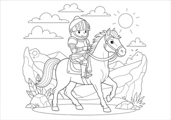 Obraz premium Coloring page for children featuring a cute cartoon knight in armor riding a horse in a beautiful landscape with mountains, clouds, and sun, line art illustration