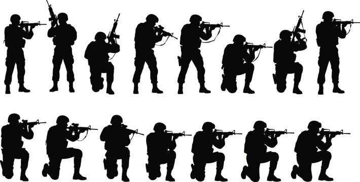 Soldier silhouettes collection with military tactical gear and assault rifles in standing and kneeling positions for army defense and special forces vector illustrations.