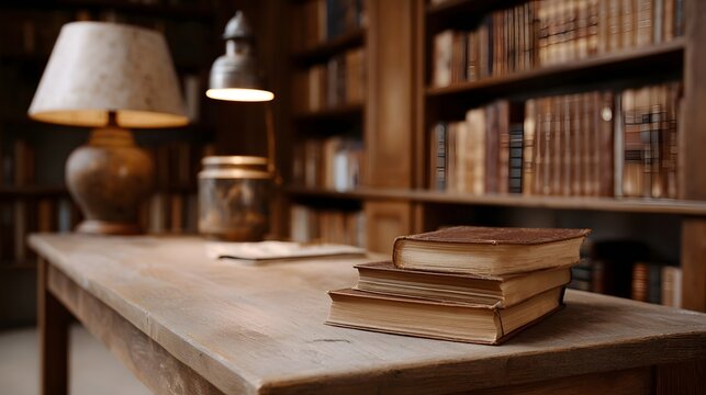 A stack of old books rests on a wooden desk in a vintage library with abundant bookshelves