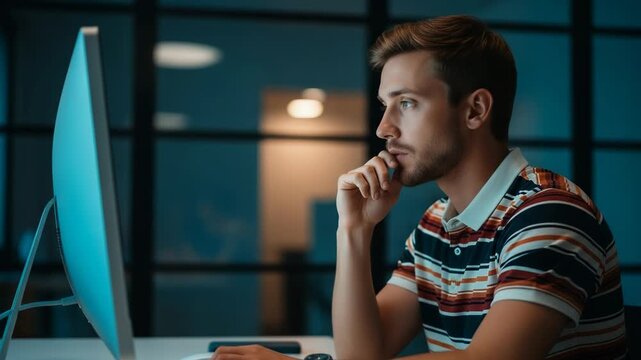 Man sitting at desk with computer monitor in office at night