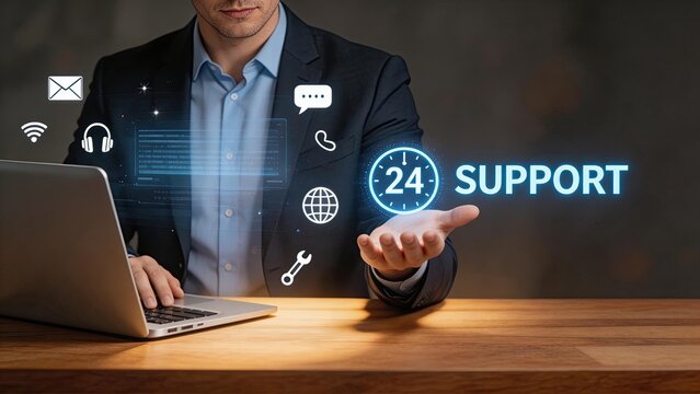 Businessman providing 247 customer support online service concept digital interface icons technical assistance remote helpdesk professional agent modern office environment global