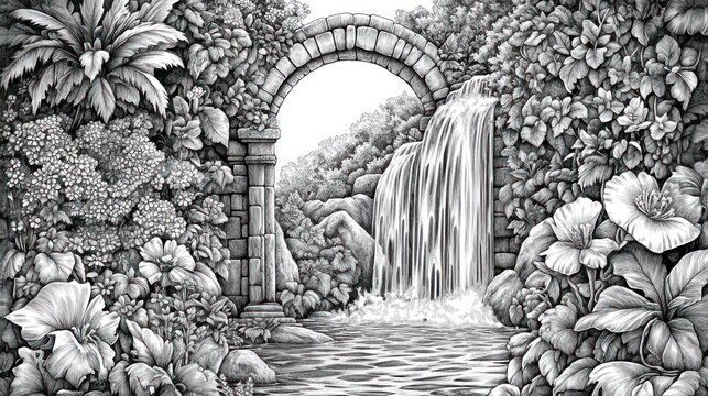 Elegant grayscale archway, waterfall, floral garden.  Possible stock photo use Background, decor, design inspiration