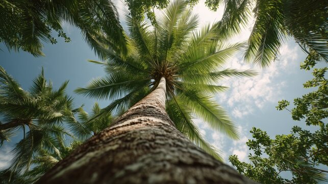 worm eye view coconut palm tree against blue sky with sunlight