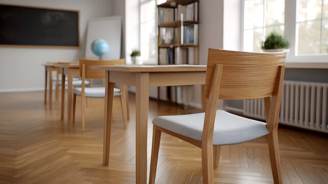 Empty classroom with wooden desks chairs blackboard and globe illuminated by natural light