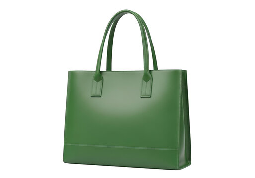 Green leather tote handbag with stitched details and two handles isolated on transparent background