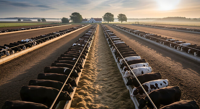 Long rows of cattle in a large outdoor feedlot at sunrise, with feed troughs and distant farm buildings.